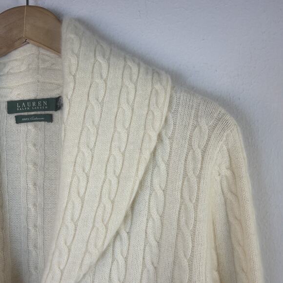 VTG Ralph Lauren Sweater Cardigan 100% cashmere Womens Large Cable Knit cream - Picture 7 of 14